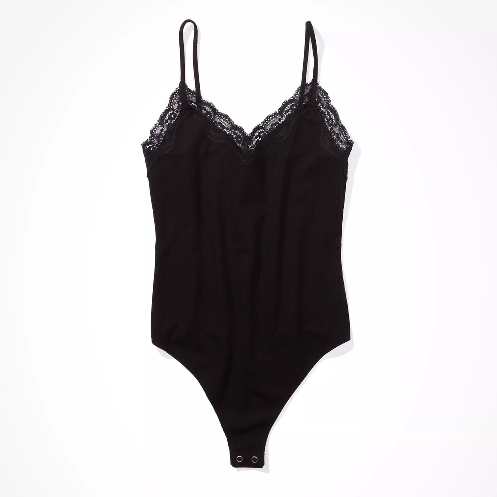 American Eagle AE Black Ribbed Lace Trim Bodysuit V-Neck Sleeveless Size‎ Medium